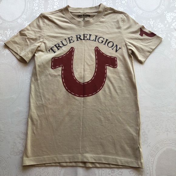 True Religion Girls Size M Tan Logo Graphic T-Shirt Short Sleeves Slim-Fit Tee - Picture 9 of 12